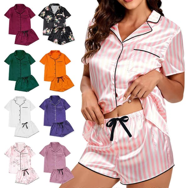 Pyjamassæt i silkesatin til kvinder, 2 dele, matchende pyjamas, shorts, sommer-nattøj, knapskjorter, lyserøde striber, S pink stripes S