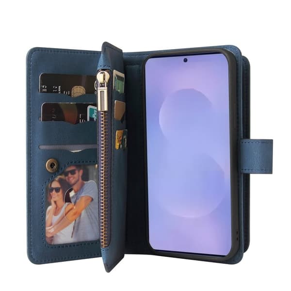 【03】Samsung Galaxy S26 Plus Pung Etui Kunstlæder Med Lynlås 15 Kort - Blå