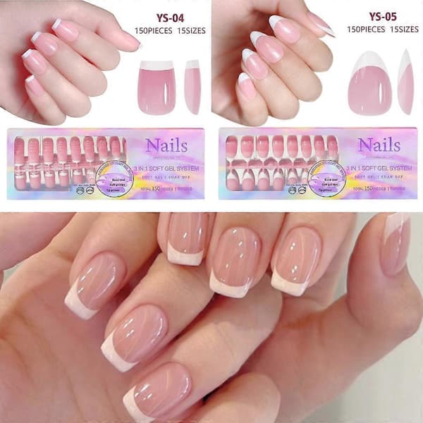 【03】Bløde Gel Negletips, Franske Tip Press On Negle 14 Størrelser 3 i 1 X Coat Tips med Forudpåført Tip Primer & Base Coat
