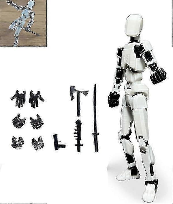 T13 Actionfigur, Velegnet til Titan 13, Robot Actionfigur, 3D-printet med Fuld Artikulation til Stop Motion Animation Entusiaster White black