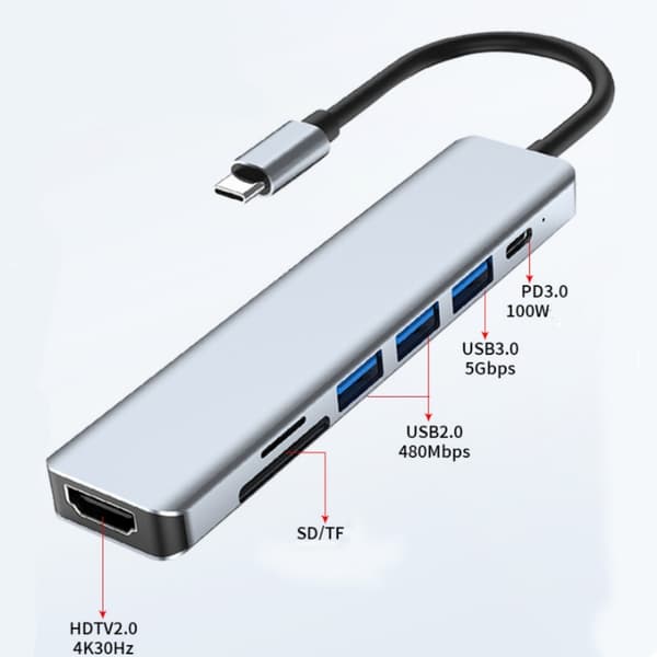 7-i-1 Type-C-hub: HDMI, PD, SD/TF, USB 3.0 & 2.0-portar