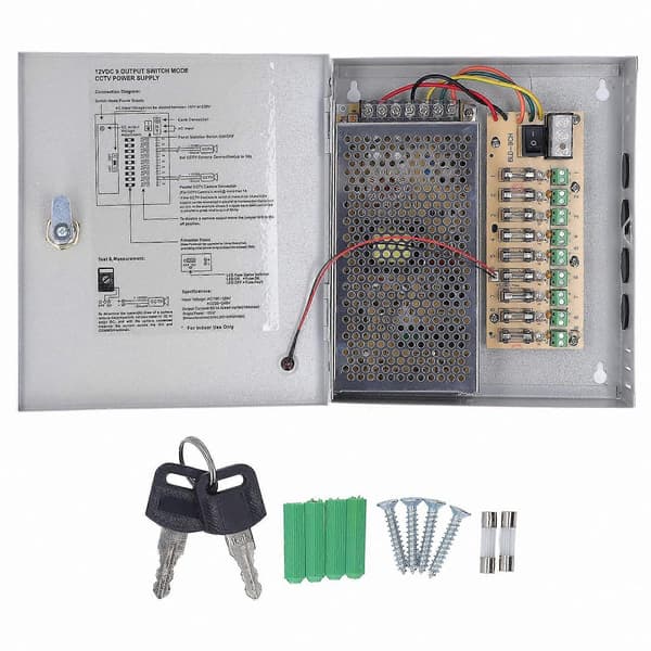 9-kanavainen 12V 10A virtalähde lukolla, 110V-220V tulo turvakameroille Solid Normal