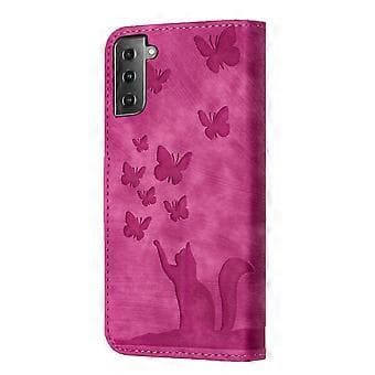 【03】Compatible with Samsung Galaxy S21 FE 5G Embossed Butterfly Cat Wallet Case with Card Slots Kickstand Case Pink