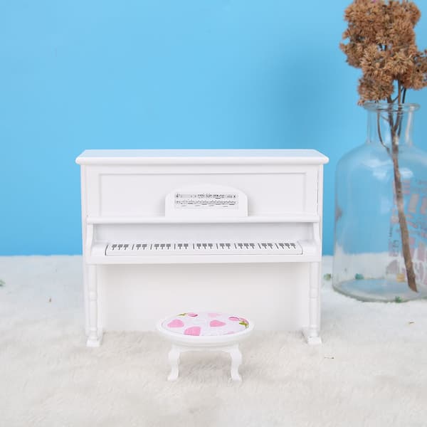 1:12 Dockhus Tillbehör Mini Upprätt Piano Modell Leksak med Pall Simuleringsmöbler Vit