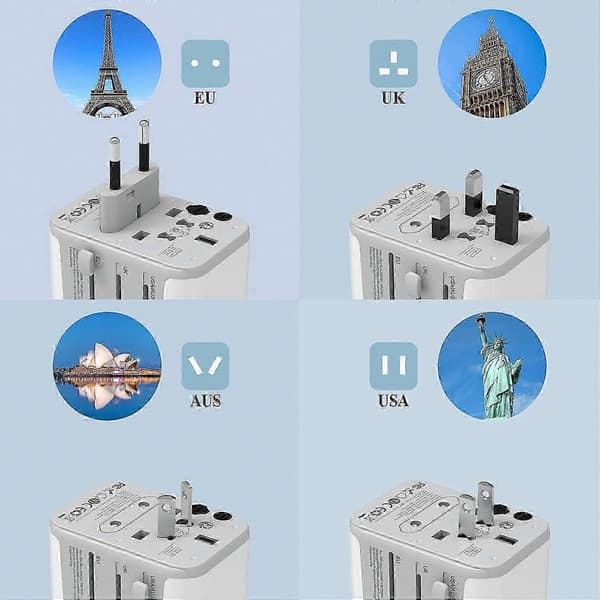 Universal rejseadapter med 3 USB- og 1 USB-C-port til global brug gray 4 USB Ports