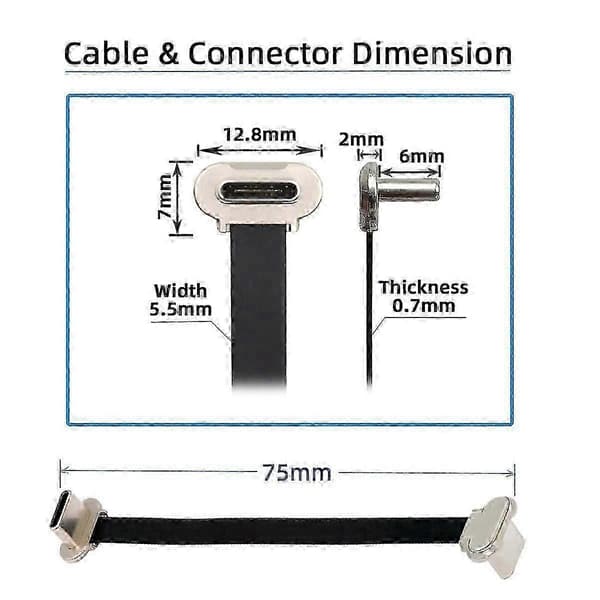UC-170-0.07M 75mm Vinklet USB-C til USB-C Ultra Slankt Fladt USB2.0 Datakabel 65W Hurtig Opladerkabel til L