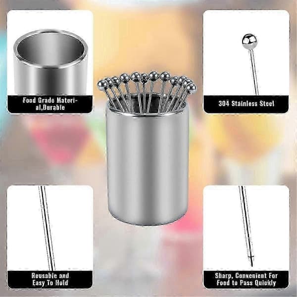 20 stk. cocktailpinde i rustfrit stål med holder - genanvendelige sølvspyd Silver