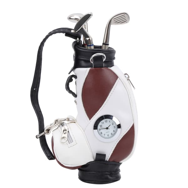 Mini Skrivbords Golfbag Pennklocka Zinklegering PU Läder med Golfpennor Souvenirset Present Brun Vit