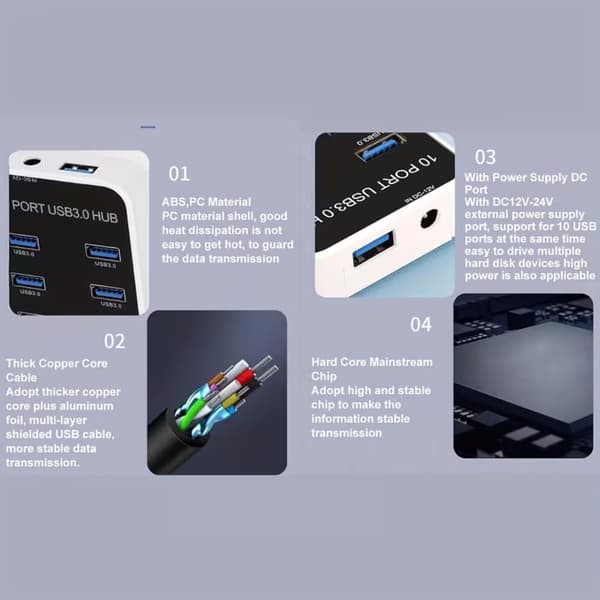 10-portars USB 3.0-hub, universell USB 3.0-expansionsadapteromvandlare för bärbara datorer. USB-hubb som stöder höghastighetsdataöverföring vid 5 Gbp
