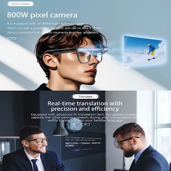 Smarte briller med 8MP kamera, lang batterilevetid, AI billedgenkendelse og oversættelse, kompatibel med Android og iOS