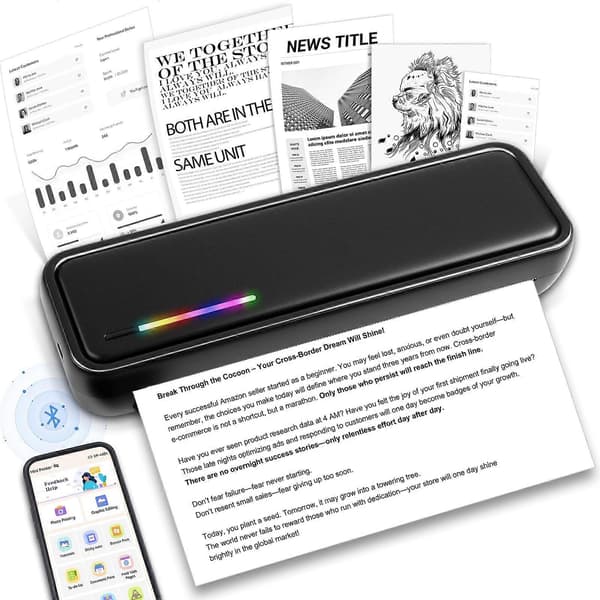 【03】Bærbare blækfri printere, genopladelig trådløs Bluetooth-printer til rejser, kontor og hjem, understøtter A4-størrelse termisk papir, iOS og Android Black