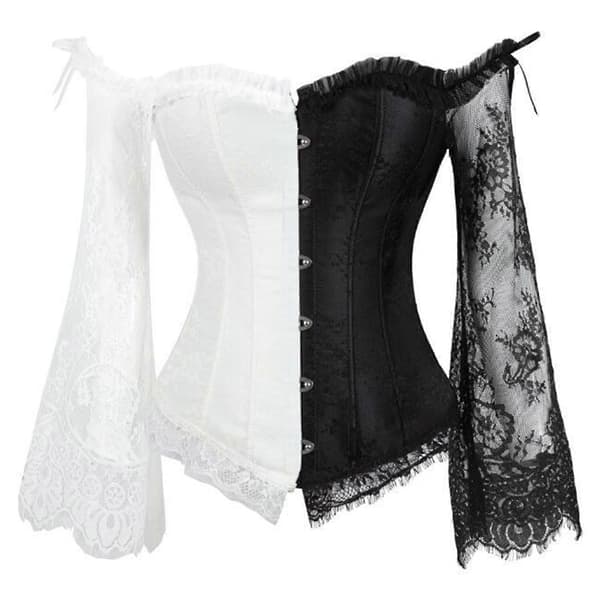 Långärmad spetsmidjebandage för formell klänning Viktoriansk korsett, fransk stil, överbyst-bustier för temaevenemang Svartvit split S Black and white spli S