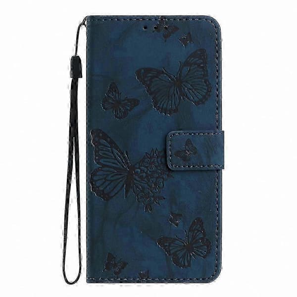 Kompatibel med Galaxy A56 5G läderfodral Fjärilsblomma präglat plånboksställ Flip-telefonfodral med handledsrem -N Blue