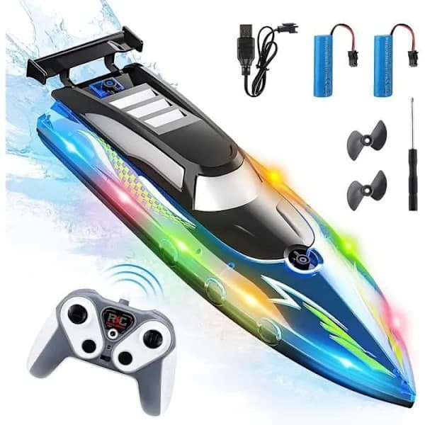 【03】Fjernstyret båd, 2,4 GHz RC højhastighedsracerbåd med LED-lys, til børn og voksne, pool, sø, flod, blå