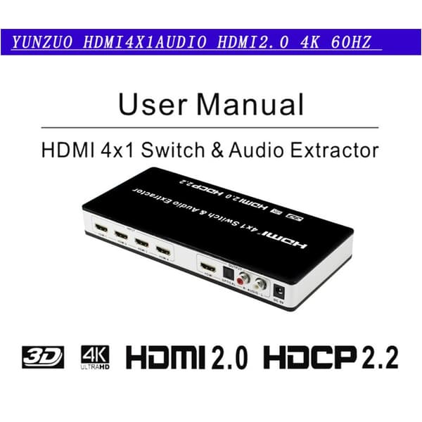 4x1 HDMI-switch og lydsplitter UHD 4K 3D HDMI 2.0 ARC Toslink+RCA