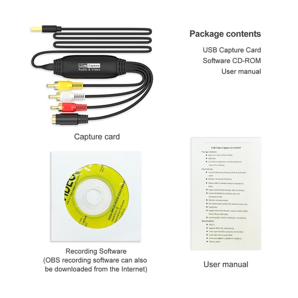 CVBS+S-Video til USB videosignal billedopsamlingskort, USB Video Capture Card, AV Signal Capture Data Collector, USB til RCA-kabel