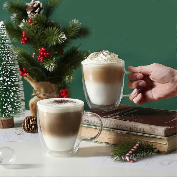 【03】4 store dobbeltvæggede isolerede kaffekrus 350 ml til cappuccino, varme drikke, tåler opvaskemaskine, holdbart design