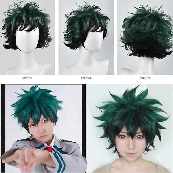 Cosplayparyk til My Hero Academia Deku, tofarget gradient kostumeparyk musta J