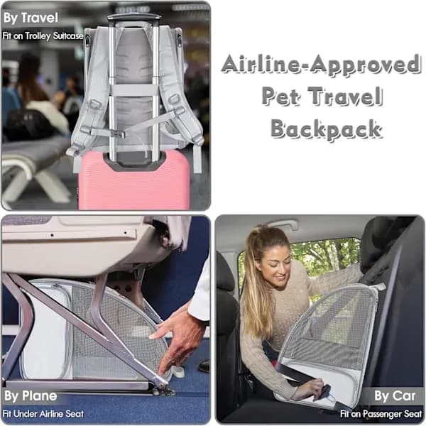 【03】Cat Backpack, Large Pet Backpack with Feather Cat Toy Compatible with Medium Small Dog, Cat, Puppy, Kitten, Rabbit up to 7 kg (Grey)
