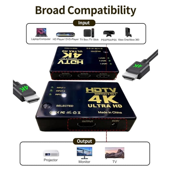 4K HDMI-switch 3x1 med fjärrkontroll - 3-vägs, HDMI-switch 3 in 1 ut HDMI-växlarbox