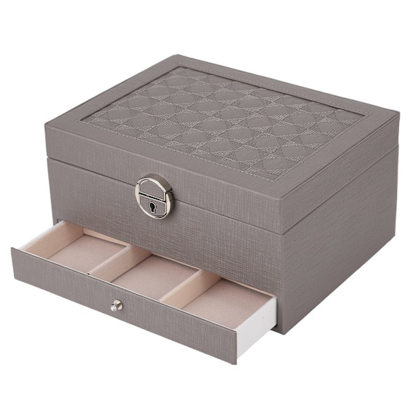 Vandtæt smykkeopbevaringsboks til husholdningen PU læder smykkeskrin Dobbeltlags partition Stor kapacitet Ornament Organizer grå