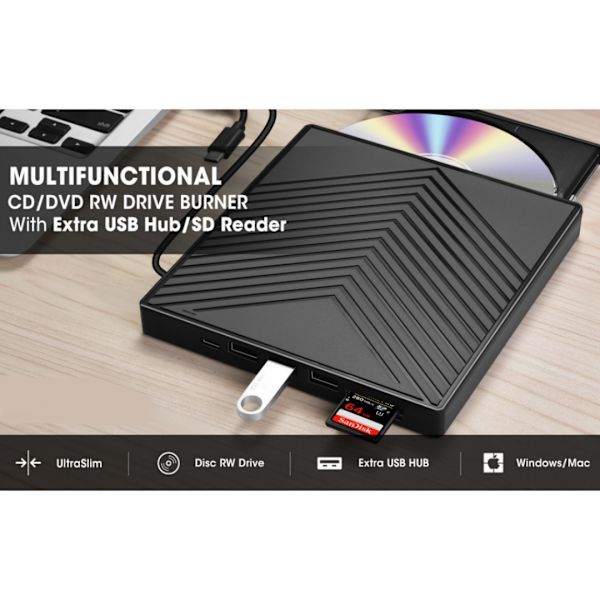 USB ekstern DVD-brænder, universelt optisk dvd-drev til bærbare computere, disk-læser, USB-hub
