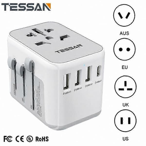 Universal rejseadapter med 3 USB- og 1 USB-C-port til global brug gray 4 USB Ports