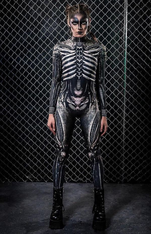 Halloweenkostume med skeletmønster til kvinder, slank jumpsuit L