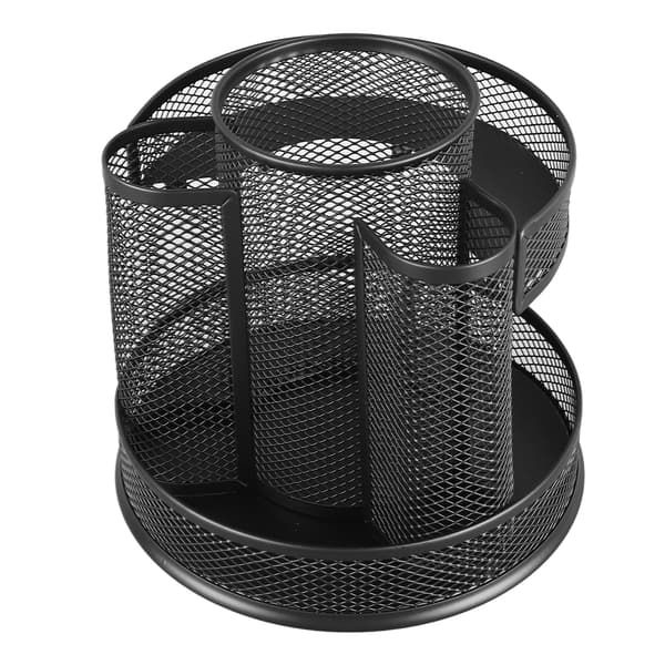 【03】Rotating Pen Holder Black Mesh 7 Compartments Strong Metal Rotating Desk Organizer for Home Office Dorm