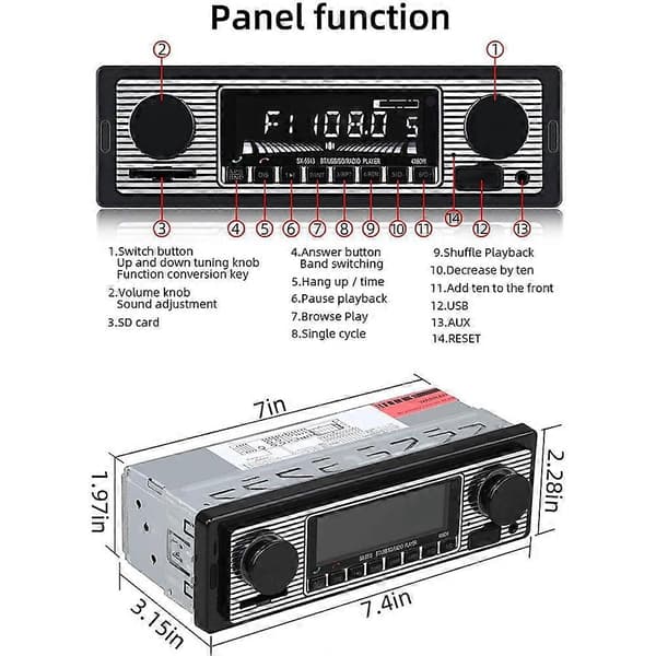 Autoradio Bluetooth Vintage Langaton MP3 Multimediasoitin AUX USB FM 12V Klassinen Stereo Audio