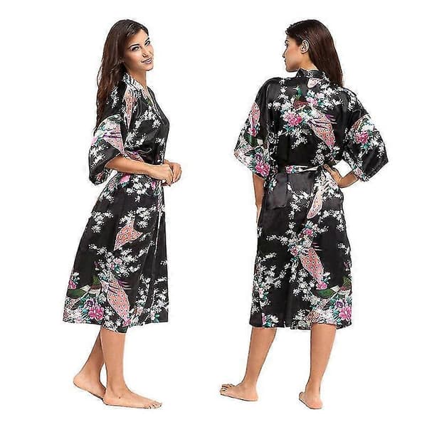 【03】Dam Blommig Tryckt Mjuk Satin Kimono Morgonrock Bröllop Badrock Sovplagg Black Black M