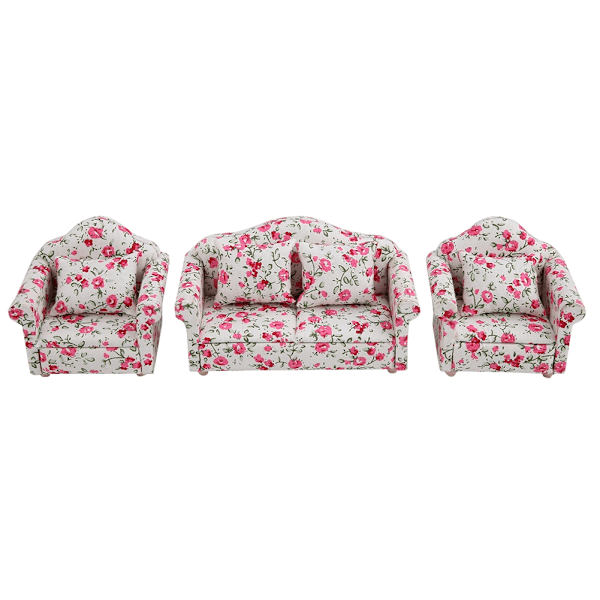 Dockhusaccessoarer i skala 1/12, blommönstrad mini-möbelsoffa med ryggkuddar (#2)