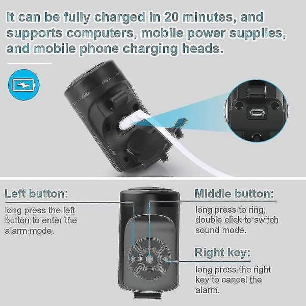 【03】140db Vandtæt Elcykelklokke - 4 Tilstande, Tyverialarm, USB Genopladelig