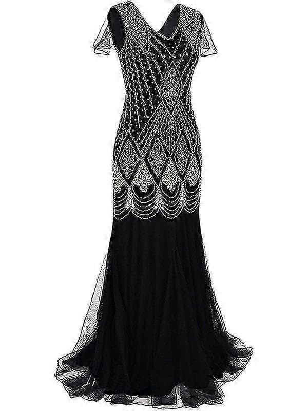 Dam Vintage Paljetter Fransig Lång Gatsby Flapperklänning Black Gold L