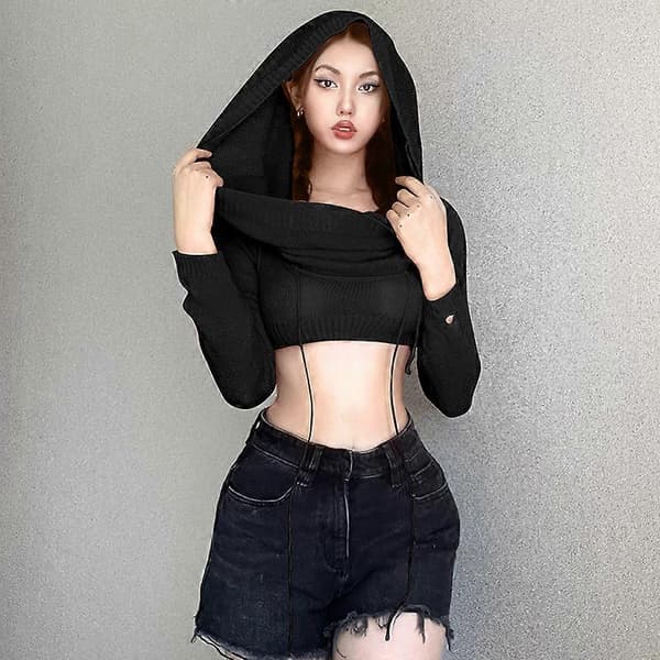 Trendy ny langærmet crop top med hætte til kvinder, crop top i crop top-model black S