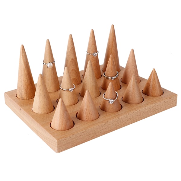 Træ 15 Fingre Display Ring Holder Showcase Stand Smykker Ringe Organizer