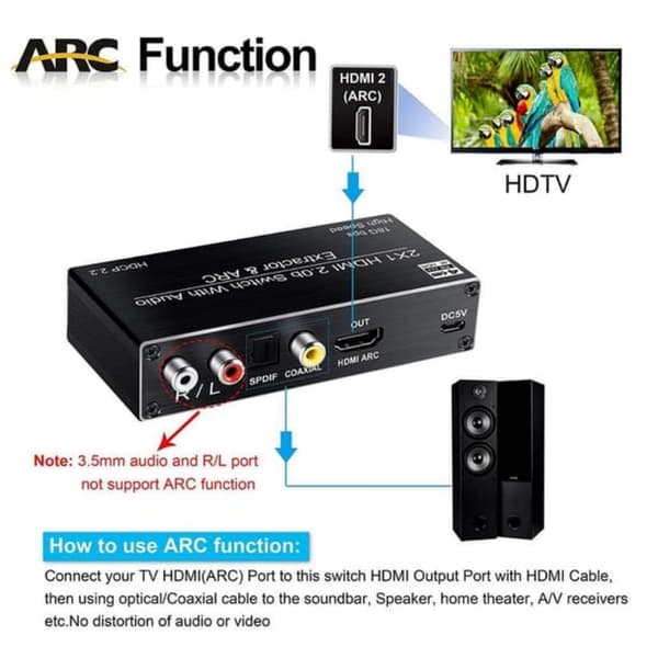 HDMI-switch 2 til 1 med Audio Extractor og ARC 4K 60hz SPDIF Coaxial RCA L/R og stereo