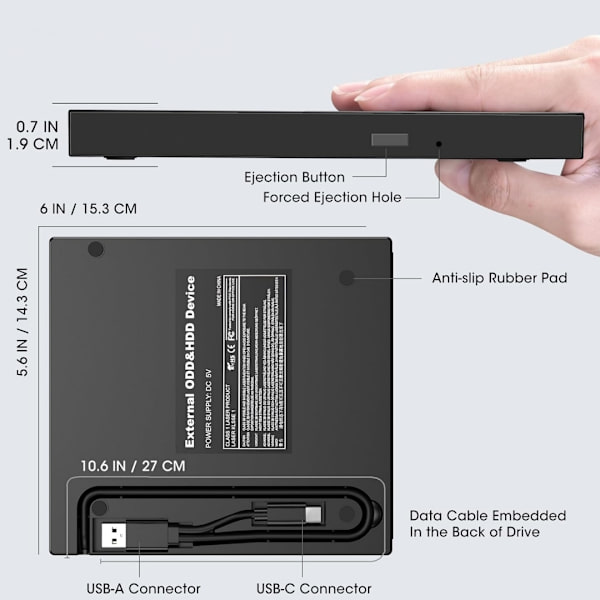USB ekstern DVD-brænder, universelt optisk dvd-drev til bærbare computere, disk-læser, USB-hub