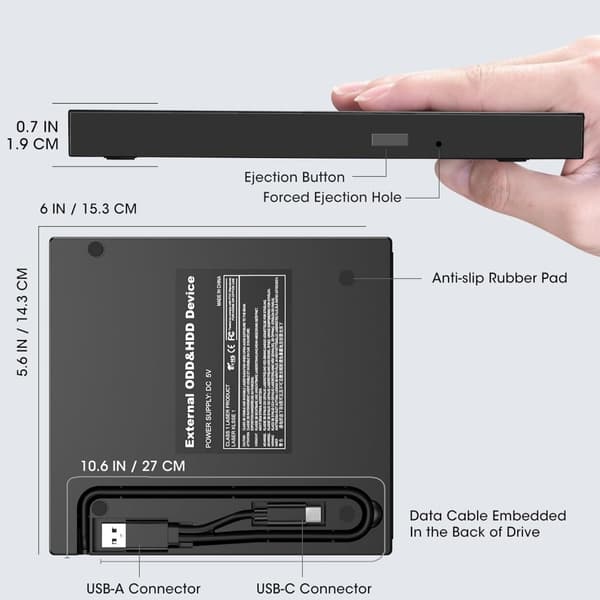 USB extern DVD-brännare, universell optisk DVD-enhet för bärbara datorer, skivläsare, USB-hubb