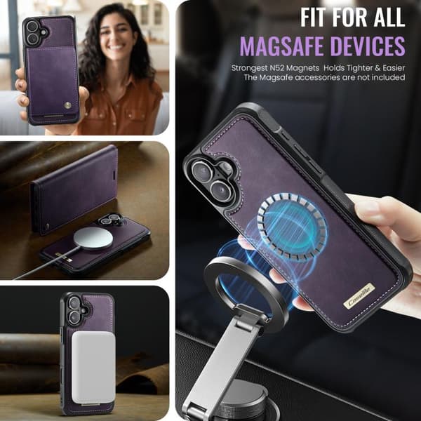 【03】iPhone 17 -nahkakotelo MagSafella ja ID-estolla, irrotettava lompakko Purpur
