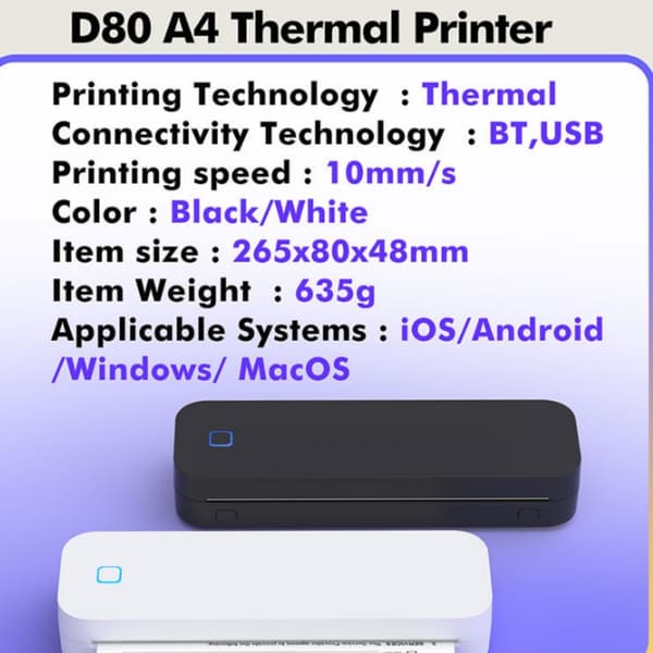 A4 Mini Bærbar Termoprinter - Bluetooth & USB-C, Blækfri Udskrivning, Kompatibel med Smartphones og Computere, D80, sort