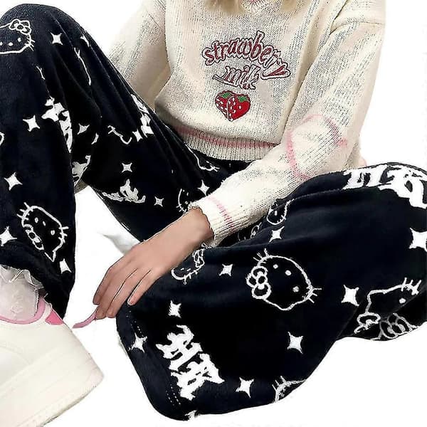 Hello Kitty flannelpyjamas til kvinder, hyggelige bløde hjemmebukser, varmt nattøj Star M