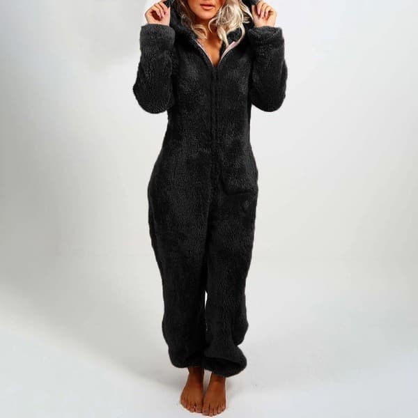 【03】Vinterhyggelig fleece-hoodie jumpsuit til damer (M sort)