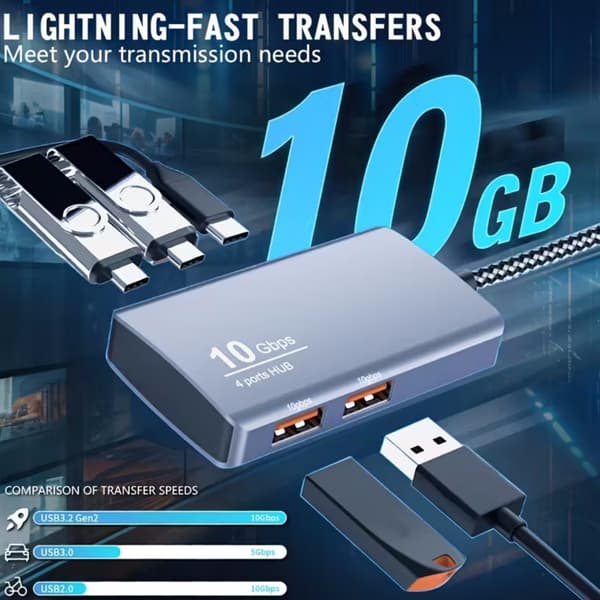 USB 3.2 Gen 2-hub, USB-hub, 10G höghastighets expansionsdocka USB 3.2 Gen 2 Type-C-hub