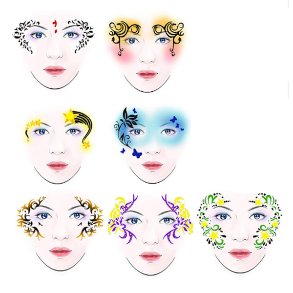 7 stilar/set Återanvändbar Ansiktsmålningsstencil Kroppsmålningsmall Blomma Fjäril Ansiktsdesign