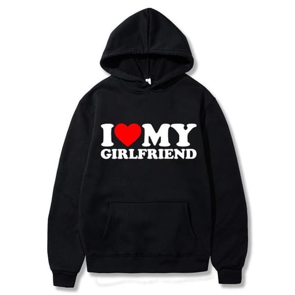 【03】Jeg elsker min kæreste trykt hættetrøje til mænd Casual Pullover Sweatshirt med lomme Streetwear til vinter Sort Sort Black S