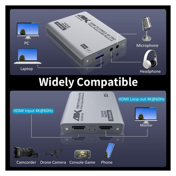 4K HDMI Video Capture Card, USB 3.0, Ljud- och videoströmningsenhet för PS5, Switch, Kamera, PC, Kompatibel med OBS