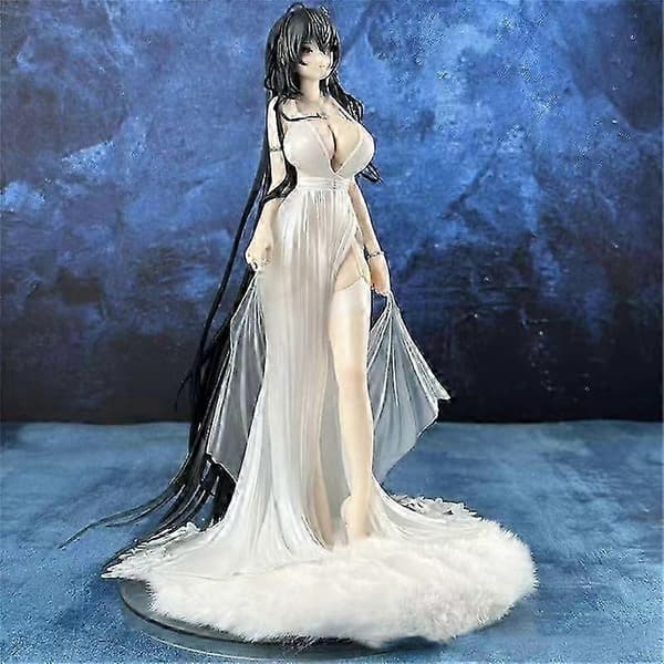 Anime Action Figur Model Statue Langt Sort Hår, Lyserøde Øjne, Hvid Gulvlang Kjole med Ædelstenshalskæde, Pendul
