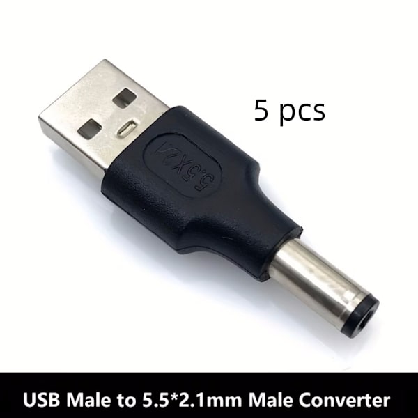 5 stk. USB til 5.5*2.1mm strømadaptere, USB 2.0 han til 5.5*2.1mm han adaptere.