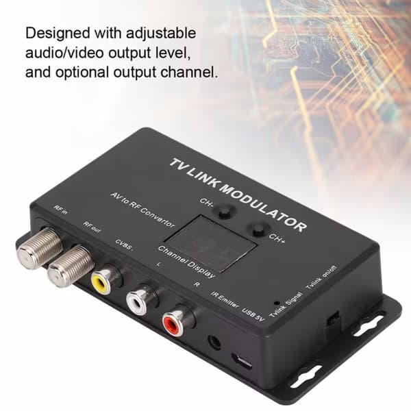 TV Link Modulator, AV til RF-konverter og IR-forlænger med kanaldisplay og USB 5V-interface, infrarød forlænger